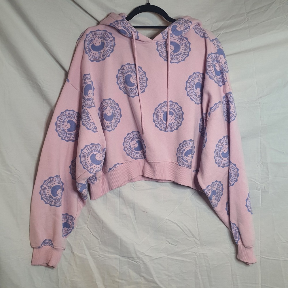 Monchhichi Pink Cropped Hoodie XL All Over Print‎ Crest Monkey Blue Cotton Soft